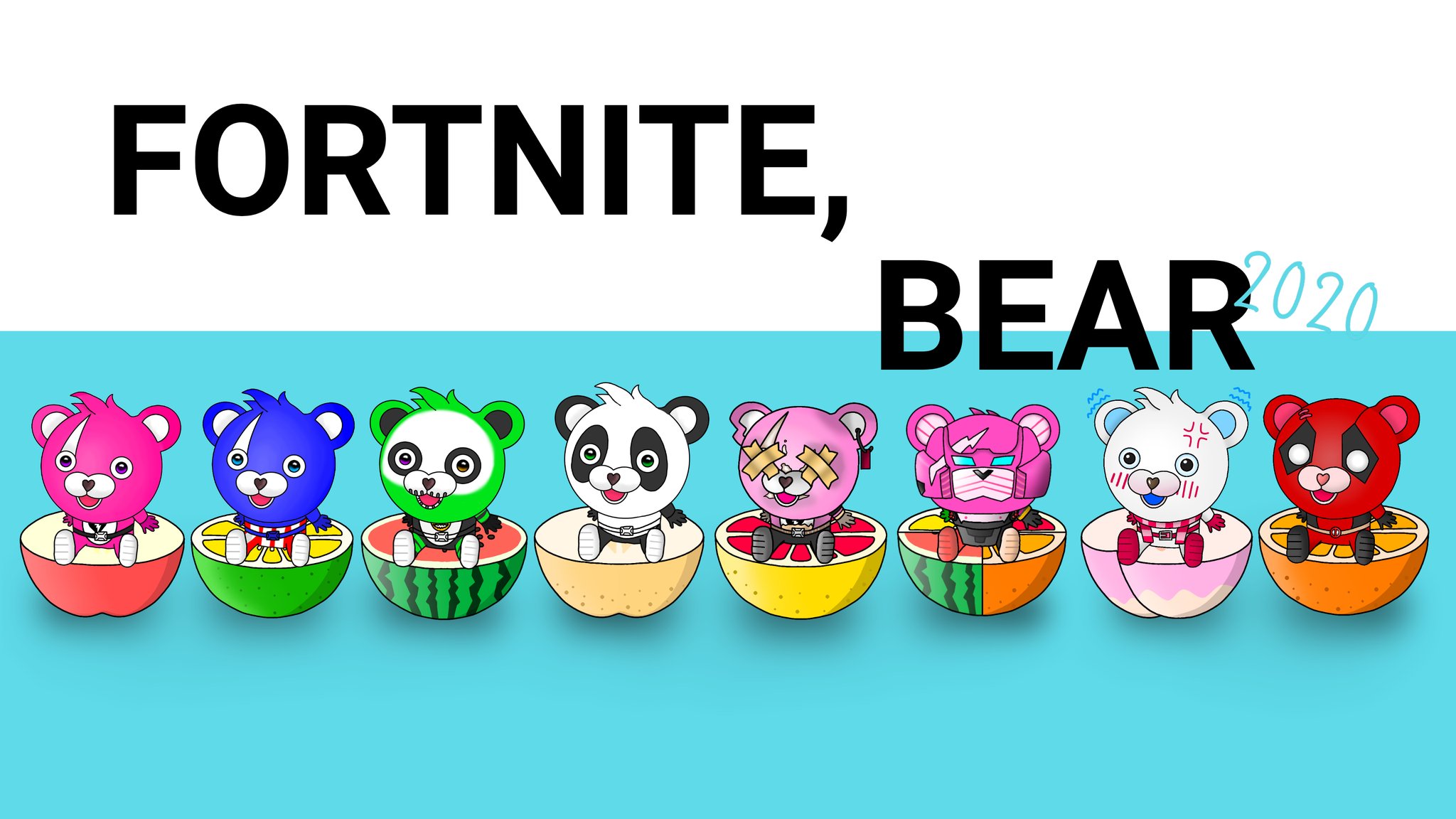 Twitter 上的 Hide Kunnn 休憩中 果物とくまちゃんコラボ ヘッダーサイズ Fortnite フォートナイト フォートナイトイラスト フォートナイトヘッダー フォートナイトクマちゃん ピンクマ 青クマ パンダちゃん 恐怖のクマちゃん ピンクのメカクマ