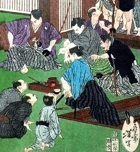土用屋筍右衛門の店にやってきて資金を強請るぷらんと組の志士たち(イメージ) 
