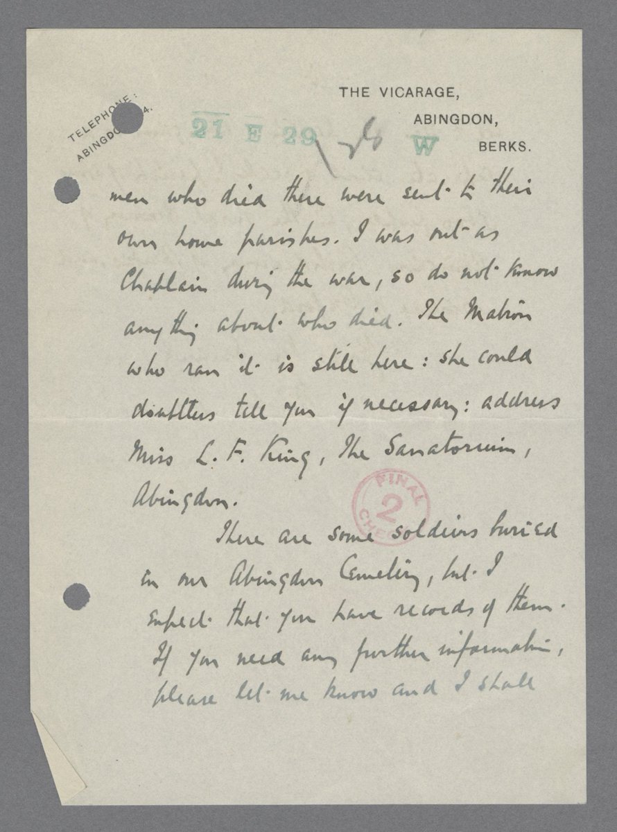 He mentions a nearby military hospital that was run by V.A.D& #39;s, but states that most of those who died there were sent to their own home parishes for burial. He then informs the  @CWGC that his lack of knowledge about who had died in the parish during the war is a result of him...