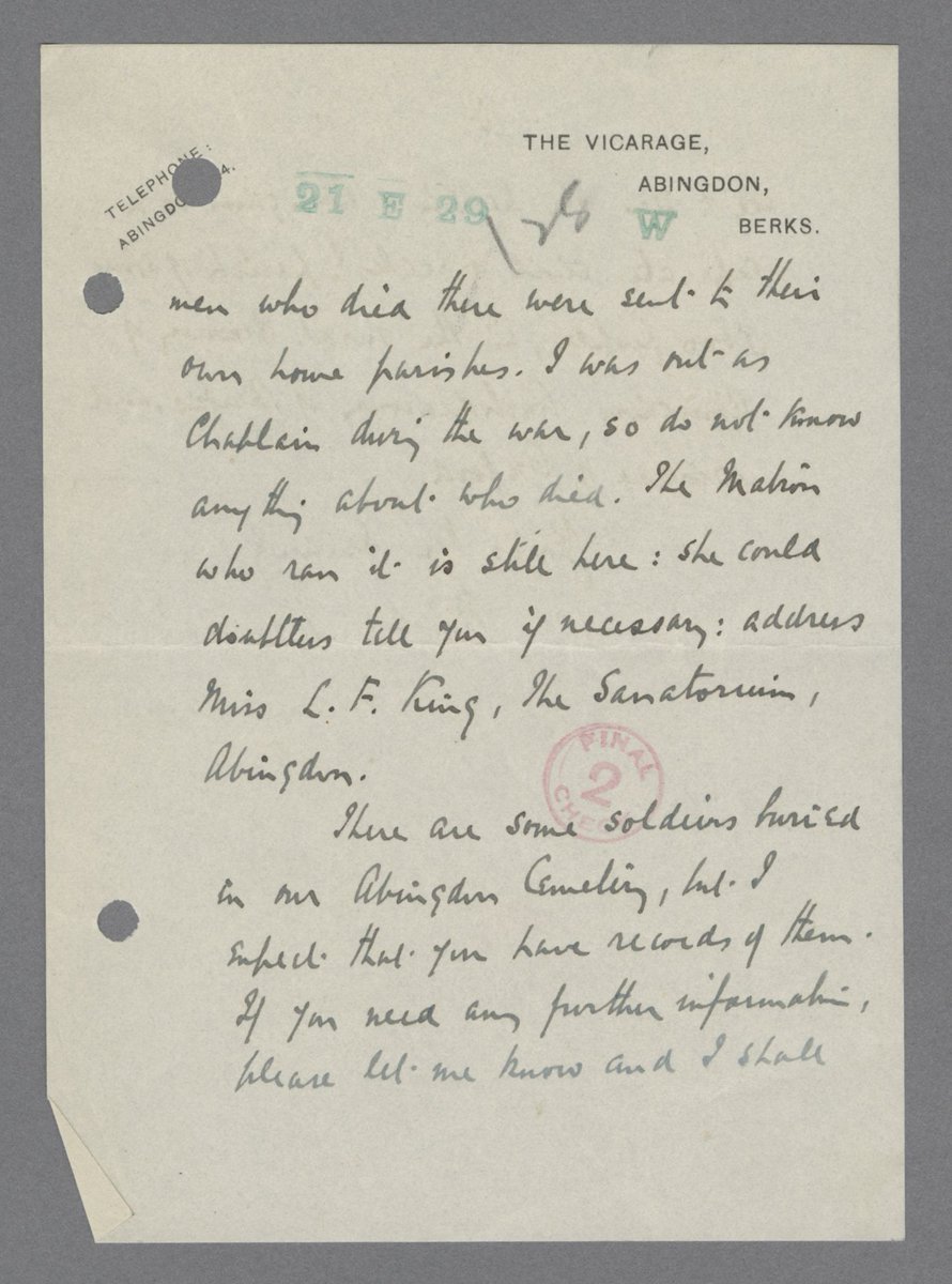 He mentions a nearby military hospital that was run by V.A.D's, but states that most of those who died there were sent to their own home parishes for burial. He then informs the  @CWGC that his lack of knowledge about who had died in the parish during the war is a result of him...