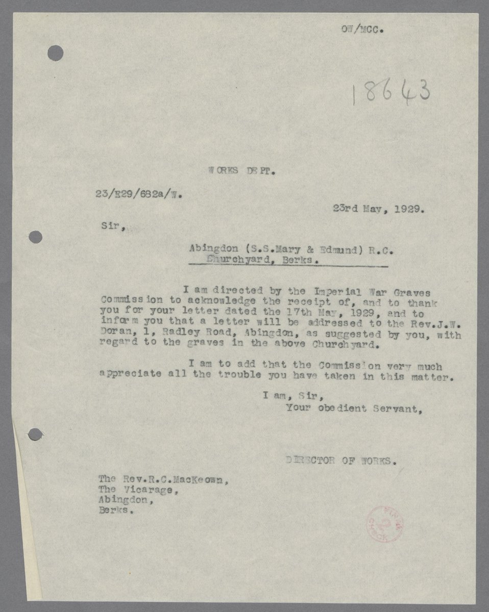He mentions there are other war graves in Abingdon Cemetery, but is sure that the Commission will have records of those, but stresses that "if you need any further information, please let me know and I shall see to it". The  @CWGC wrote back to thank the Reverend for all his help