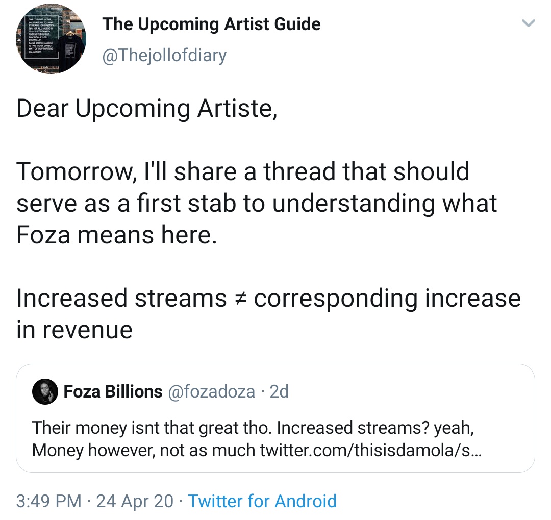 Dear Upcoming Artiste,As promised, courtesy of an original tweet by  @thisisdamolaHere, a thread "Why Increase in Streams ≠ a Corresponding Increase in Revenue"This is from a December 2019 study I attempted, with a couple tweaks about the present.