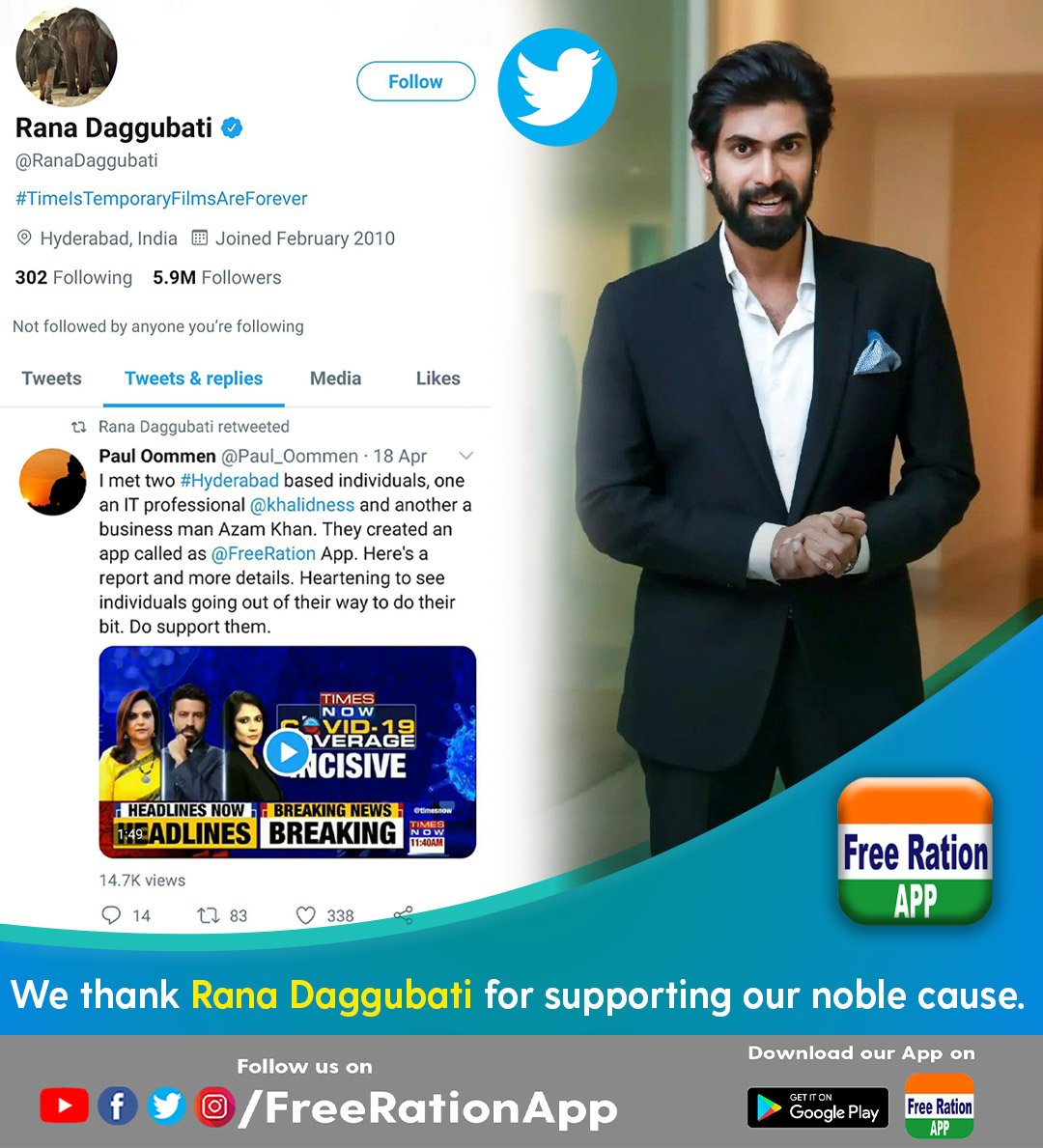 FreeRationApp's tweet photo. We thank @RanaDaggubati for supporting our noble cause.
#FreeRationAPP #covid19 #ranadaggubati #StayAtHome https://t.co/k0lUGC76SV