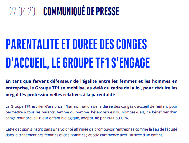 GroupeTF1's tweet photo. [EGALITE] En tant que fervent défenseur de l’ #égalité entre les femmes et les hommes en entreprise, le @GroupeTF1 s'engage au-delà du cadre de la loi, pour réduire les inégalités professionnelles relatives à la parentalité.
👉Retrouvez le communiqué ici : https://t.co/rX5ricnw70 https://t.co/difpcgJJV6
