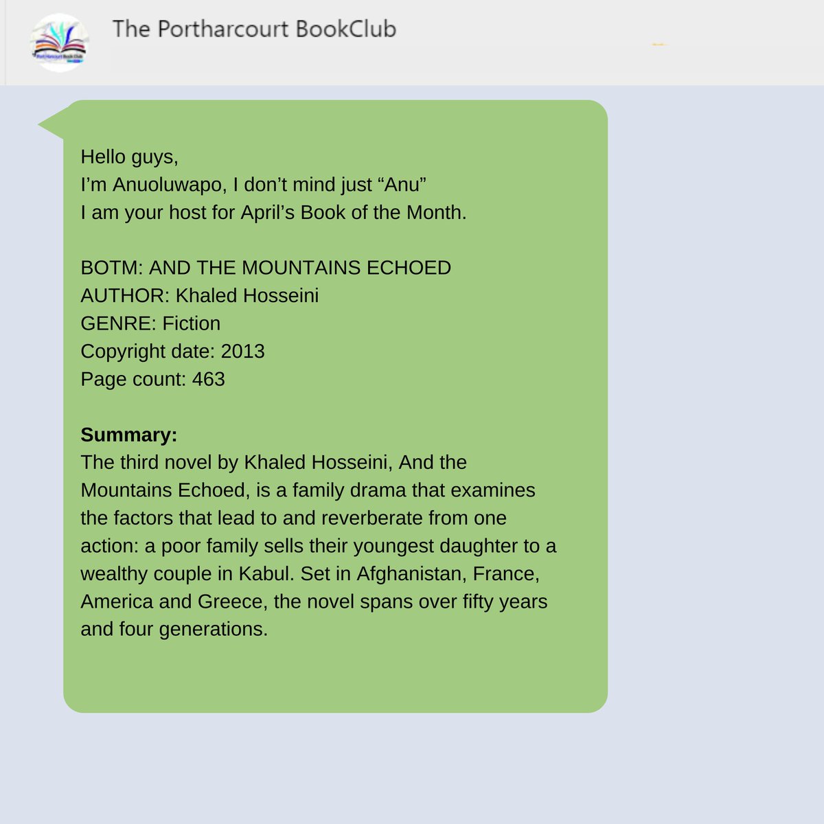 ThePhbc's tweet photo. Thanks to technology, this lockdown can't hold us back... Yesterday we had our second WhatsApp review and it was amazing!! We reviewed "And the Mountains Echoed" by @khosseini. The book received and average rating of 4/5. Here are the highlights of the review
 #thephbc #botm https://t.co/DSxUqXY5cE