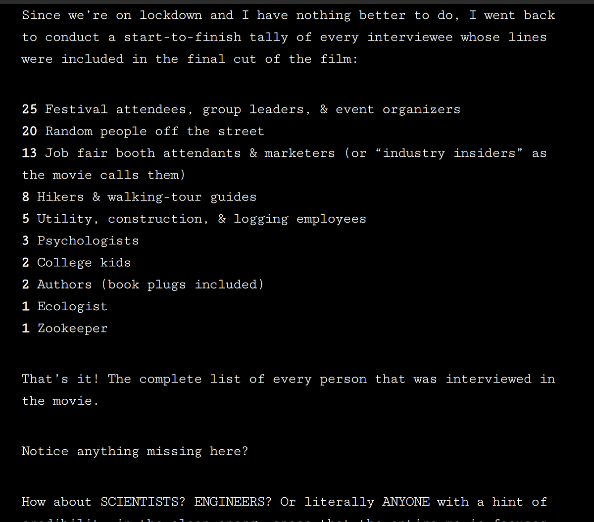 "The filmmakers didn’t want to interview actual professionals in the clean energy space, so they interviewed each other"

Some good context on #PlanetoftheHumans here, particularly on EVs and solar: benwehrman.com/planet-of-the-… 

by <a href="/benwehrman/">₿en Wehrman</a>
