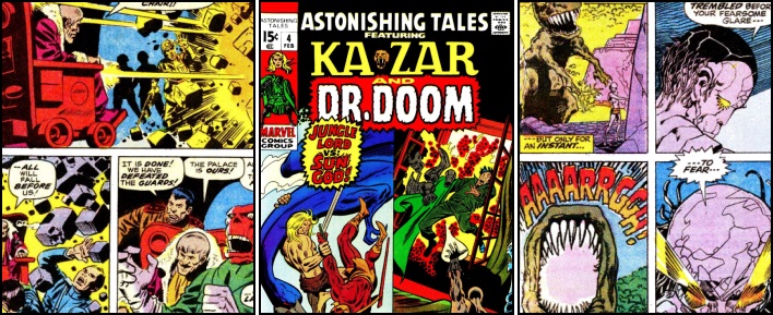 Blaxkleric's tweet image. "Involves... a bedazzling unicorn, an attack by one ponderous Tyrannosaurus Rex, and the rise to godhood of the Petrified Man." Cracking stuff from @gerryconway #LarryLieber #BarrySmith #WallyWood in "Astonishing Tales" No.4 by @Marvel. My review here: thebrownbagaeccb.blogspot.com/2020/04/astoni…