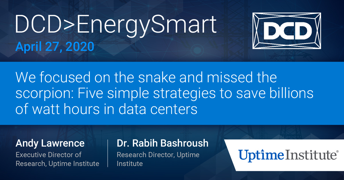 UptimeInstitute's tweet photo. TODAY: Join Andy Lawrence and Dr. Rabih Bashroush to hear more about the challenges behind energy consumption of the Cloud and IoT. Registration ▶https://t.co/f3JycpZkMS
#DCDVirtual #Cloud #greentech #DCDEnergySmart https://t.co/RV5ylJvN1B