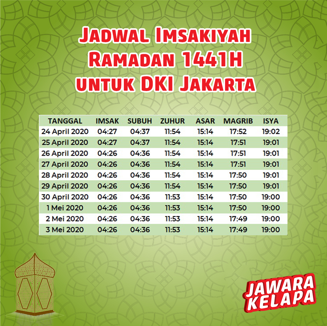 Hi Kijo Lovers, ini jadwal Sholat & Imsakiyah 2020 Ramadhan 1441H Tanggal 24 April sampai 3 Mei 2020 untuk daerah DKI Jakarta dan sekitarnya nih. Semoga bermanfaat yaa 😄 #Ramadan #Puasa #BiskuitKelapaIjo #KelapaIjoRolls #JawaraKelapa #BiskuitIndonesia #KijoKurmaMadu