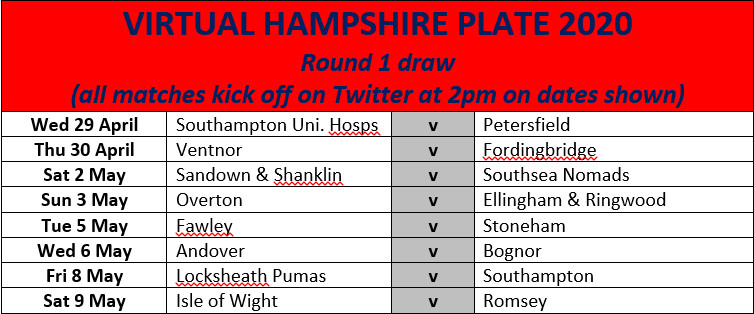 Here is the draw for Round 1 of the #VirtualHantsCup Plate competition - kicking off on Wednesday at 2pm.  Good luck everyone - some fascinating games to be played across the next week.  Straight knock-out now.