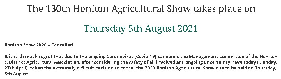 MCATaunton's tweet photo. A very difficult decision made by @HonitonShow1890  to cancel the fabulous agricultural show in August. Always a day really looked forward to by clients and staff! #devon #farming #covid19 https://t.co/UszV0lJQ5O