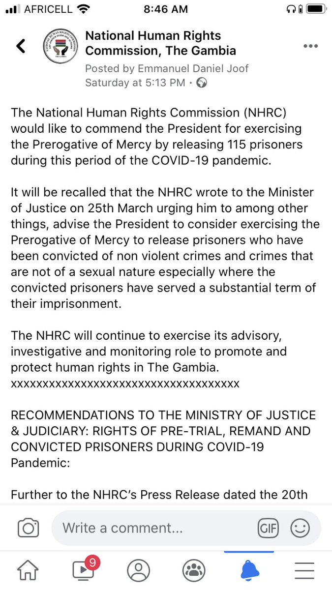 Thanks to recommendations of <a href="/NHRCGambia/">NHRC of The Gambia</a>, the risk of #COVID19 spread in #Gambia's prisons is minimized. Read more below, follow us on #Facebook 
#PromotingHumanRights
#ProtectingHumanRights4All