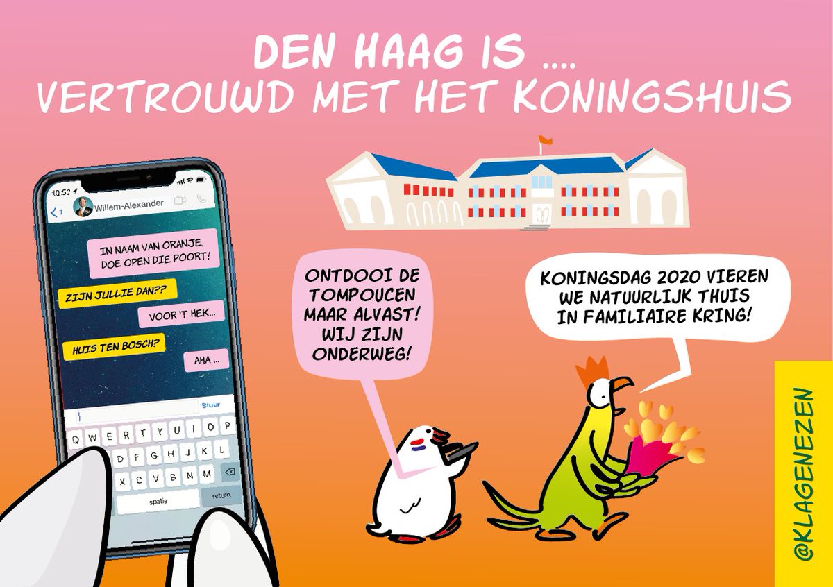 BoyBoelhouwer's tweet photo. #koningsdag2020 vieren we thuis en we maken er het beste van! #Staysafe

#DenHaag is... Vertrouwd met het #Koningshuis

@Klagenezen bezoeken de hotspots van Den Haag en de cartoons deel ik via de socials! #cartoon #instabirds #CoronaNederland #Paleizenroute #oranjeboven #oranje https://t.co/oMFbs4FPjK