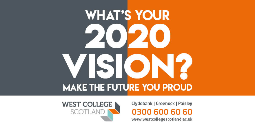 WestCollScot's tweet image. What's your 2020 vision? Let West College Scotland help you get there. Applications are open for over 200 full-time courses at #Clydebank, #Greenock &amp;amp; #Paisley. Make the future you....proud! #whatsyour2020vision #makethefutureyouproud #applynow bit.ly/3bGrS68