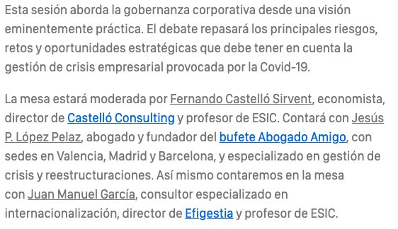 Castello_F's tweet image. 📌 Mesa Redonda

🗓 Hoy, 17.30h

🎯 Estrategias turnaround, análisis económico y gestión de crisis

➡️  Inscripción: esic.edu/eventos/mesas-…

Organiza: @ESICValencia  @ESICEducation

Colaboran: @caixapopular @valenciaplaza 

Participan: @AbogadoAmigo @Efigestia @CASTELLOConsult