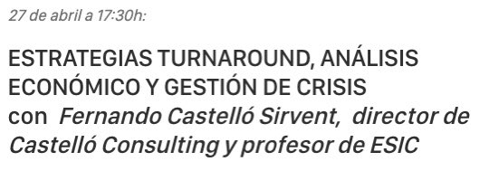 Castello_F's tweet image. 📌 Mesa Redonda

🗓 Hoy, 17.30h

🎯 Estrategias turnaround, análisis económico y gestión de crisis

➡️  Inscripción: esic.edu/eventos/mesas-…

Organiza: @ESICValencia  @ESICEducation

Colaboran: @caixapopular @valenciaplaza 

Participan: @AbogadoAmigo @Efigestia @CASTELLOConsult