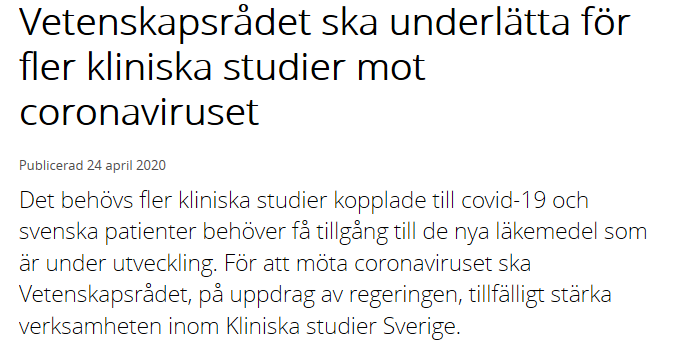 Bra att <a href="/ernkrans/">Matilda Ernkrans</a> lyfter vikten av kliniska studier. Tillsammans med de 34 organisationer i ”Agenda för hälsa och välstånd” kommer vi snart att presentera 10 prioriterade förslag med handlingsplaner för hur vi kan stärka klinisk forskning i Sverige. bit.ly/2VDk27A