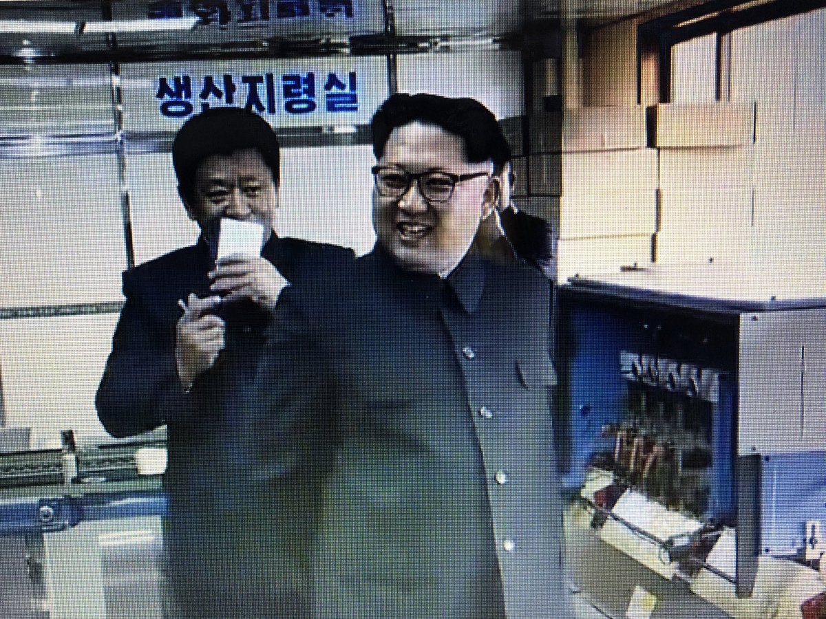 And there’s your man on NK television, appearing through the medium of exceedingly old stock footage. And if I’m not mistaken, the flunkies with notepads are taking notes as he visits the notepad factory in 2016.  #Nopepadception