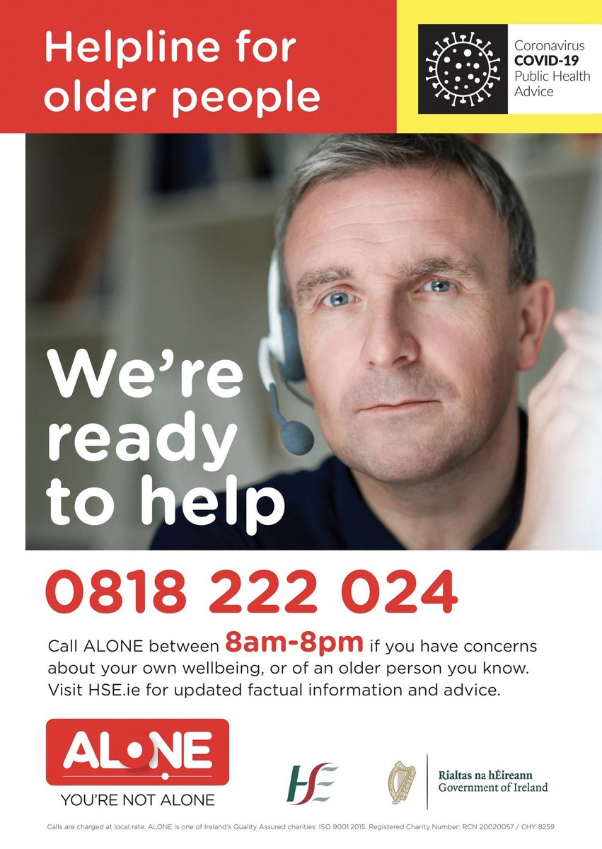 Supporting the clinical advice and information being provided by  @HSELive, the  @ALONE_IRELAND support line is available at:0818 222 024from 8am-8pm, seven days a week. #COVID19  #COVID19Helpline  #Helpline  #AloneIreland  #YoureNotAlone