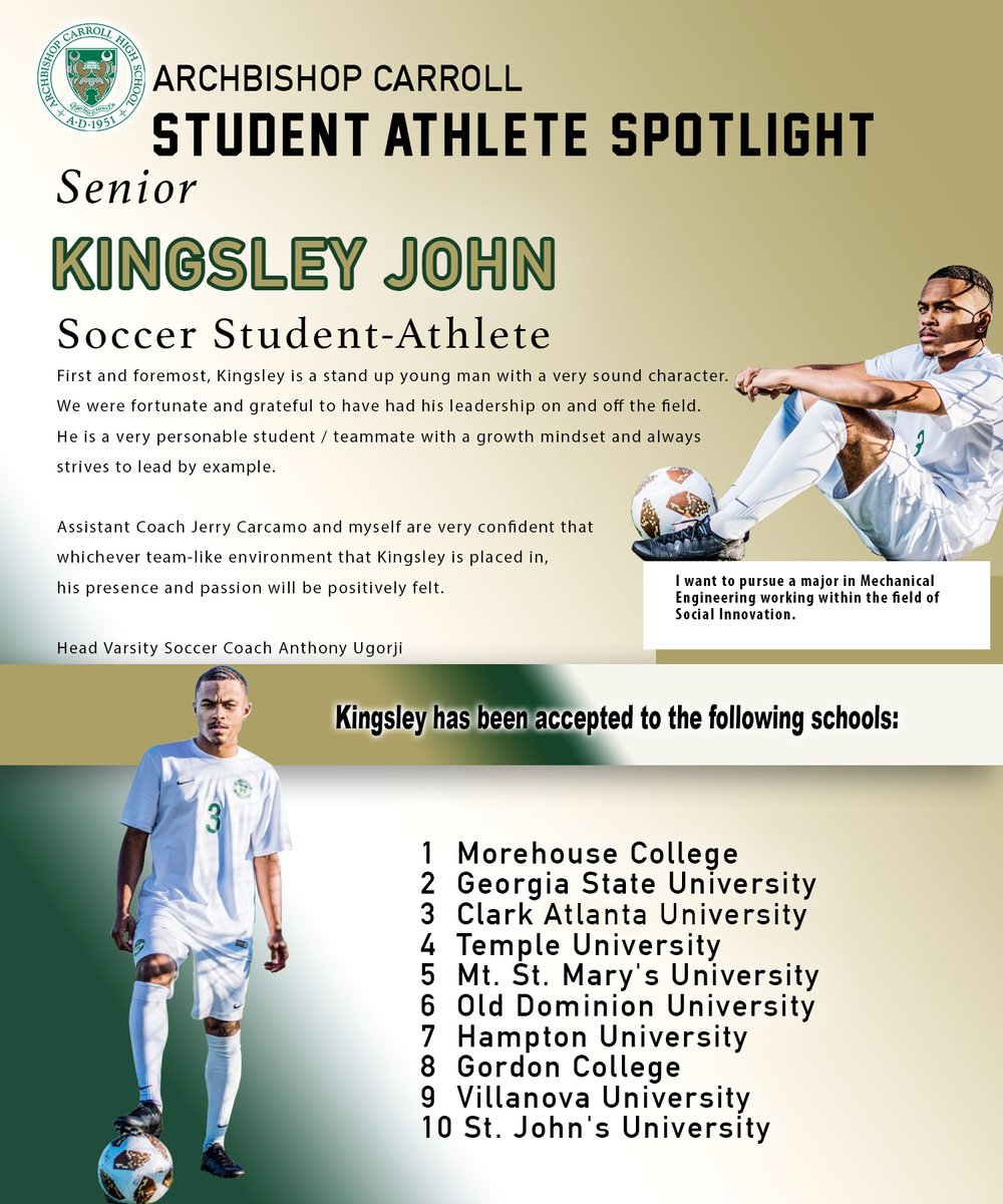 carroll_ad's tweet photo. Archbishop Carroll Student-Athlete Spotlight; Senior Kingsley John https://t.co/1l0kRdPUru