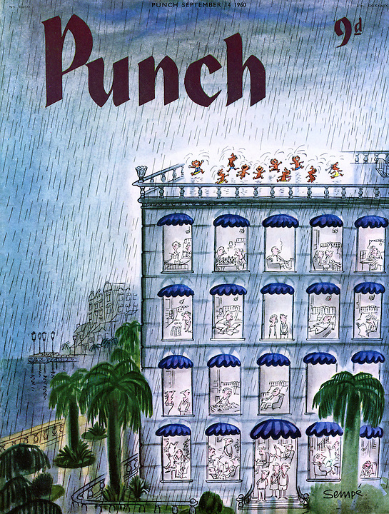 PunchBooks's tweet photo. Your daily PUNCH colour cover. By the lovely Jean-Jacques Sempé from 1960. There's supposed to be #rain tomorrow. We'll probably be standing in the supermarket parking lot, though, and not skipping around like Sempé's children! #weather #resorts #seaside #hotel #France https://t.co/hnJyLABXaH