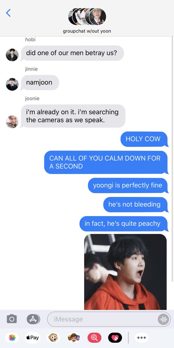 this is jungkook texting the others (minus yoon). i meant to change the contact names but forgot.