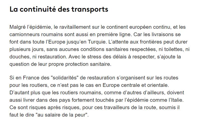 L’évocation des routiers pose problème si l’on n’indique nulle part que le blocage est dû à la fermeture des frontières de la  #Hongrie.Les difficultés évoquées se réfèrent par ailleurs à une dépêche AFP du 27/03, date à laquelle les "solidarités" étaient l’exception en France.