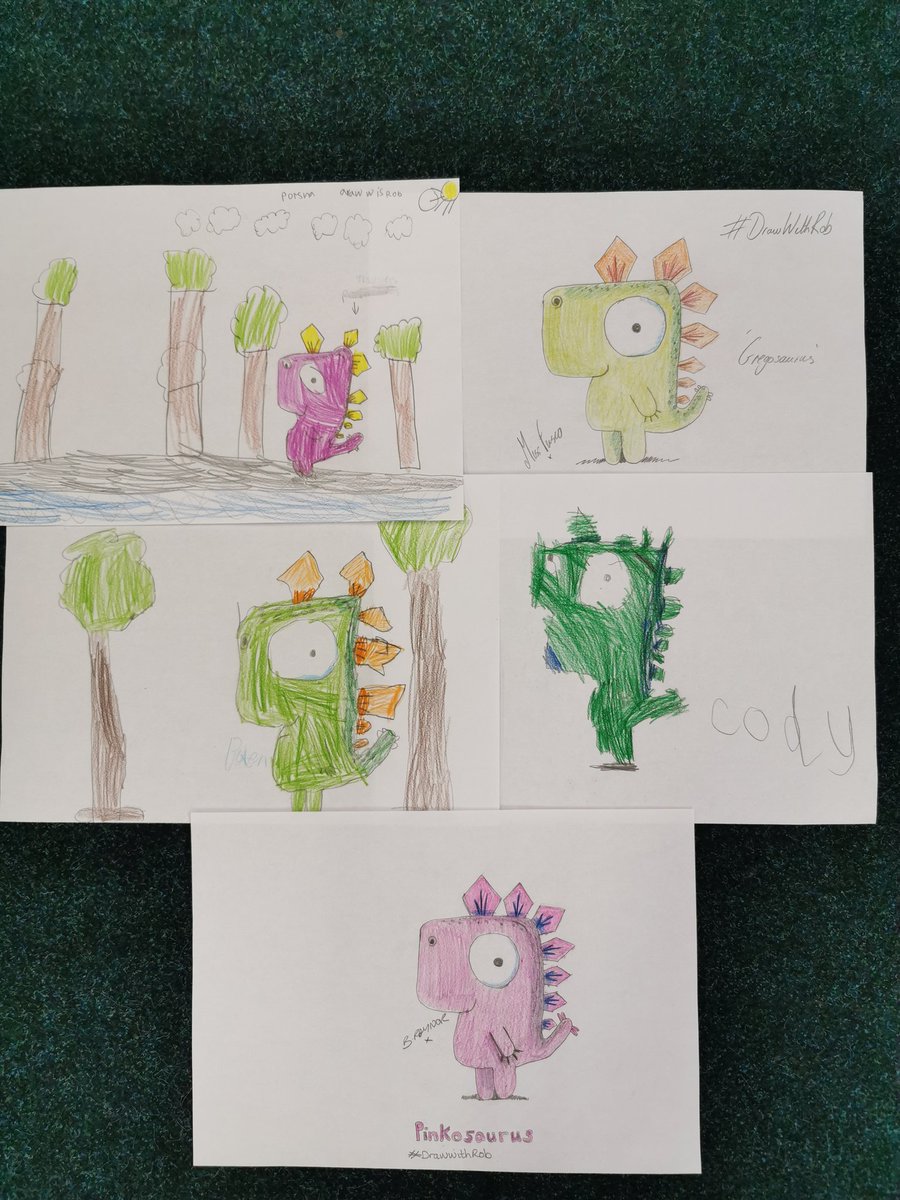 MissFusco26's tweet photo. A bit late to the party @RobBiddulph! But this is my first week back into school @KingsOak2018 we tried #gregosaurus #DrawWithRob really pleased! Cody, Porsha and Baen all in Y1! @EmmaCol31321626 @SaundersLaura94 https://t.co/IlsWrSLAHf