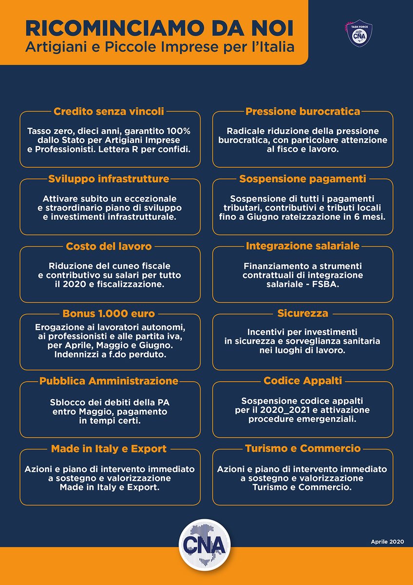Per far ripartire l’Italia ci vogliono le idee chiare: noi ne abbiamo 12.

Gli Artigiani e le Piccole Imprese propongono una serie di misure straordinarie per rimettere in moto la ripresa.
Azioni concrete, da attuare subito. 
#ricominciamodanoi #cna
cnaparma.it/2020/04/17/il-…