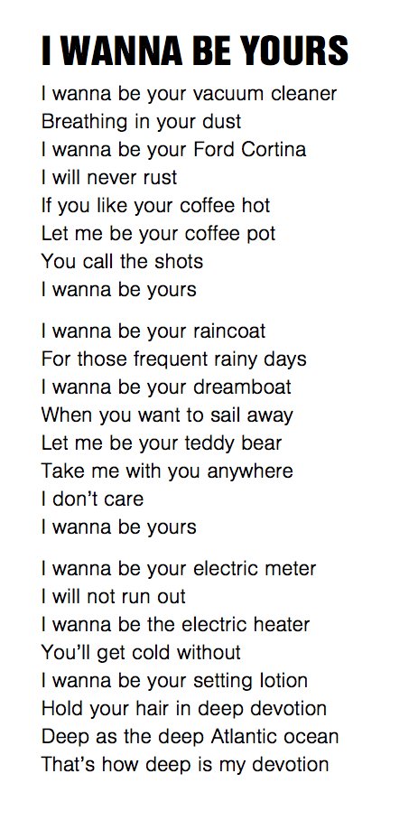 125 I Wanna Be Yours by John Cooper Clarke  #PandemicPoems  https://soundcloud.com/user-115260978/125-i-wanna-be-yours-by-john-cooper-clarke