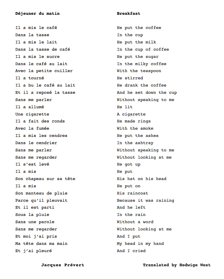 126 Déjeuner du matin (Breakfast) by Jacques Prévert, read by Hedwige West #PandemicPoems  https://soundcloud.com/user-115260978/126-dejeuner-du-matin-breakfast-by-jacques-prevert-read-by-hedwige-west