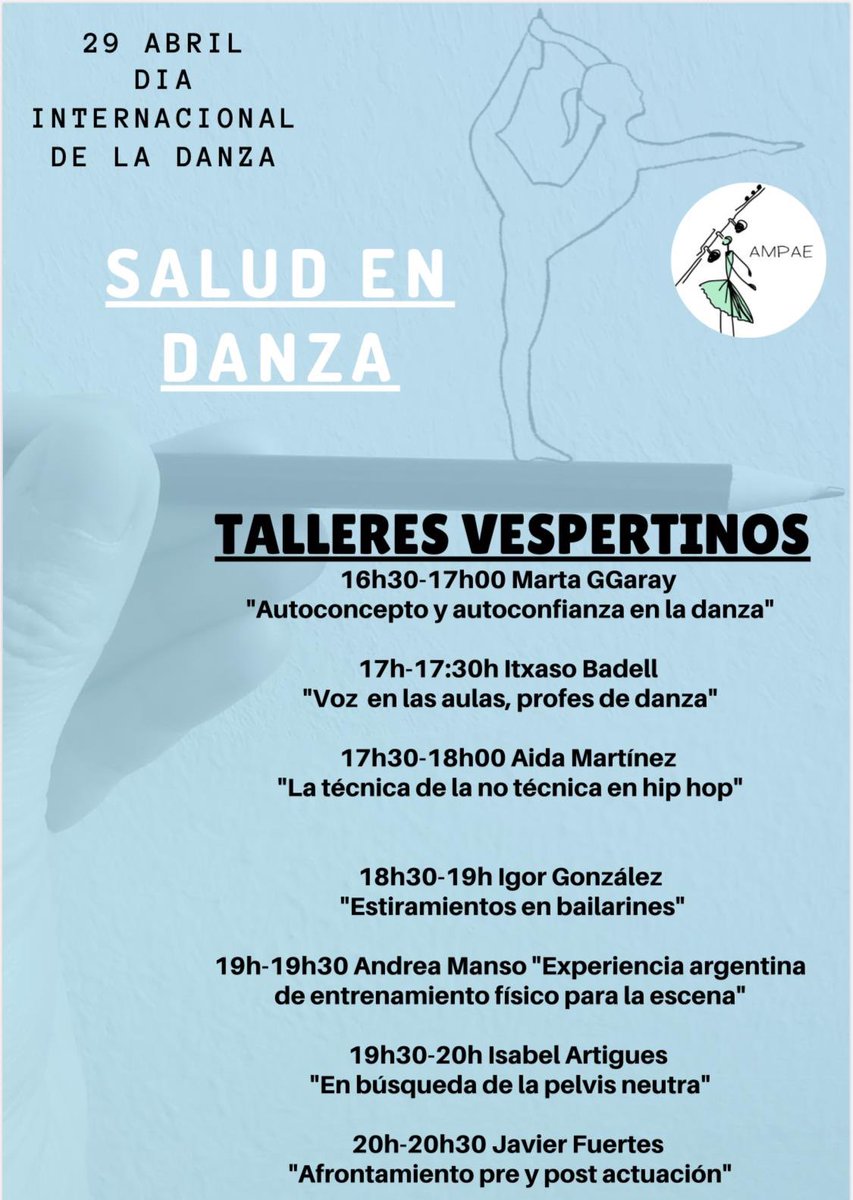 Empezamos la semana de la danza en AMPAE. Cada día a las 17h, nos "reunimos" con un bailarín. Y el miércoles, día internacional de la danza, ofrecemos talleres en directo enfocados a la salud y el rendimiento en la danza...  #medicinadelasartes #medicinadeladanza #saludenladanza