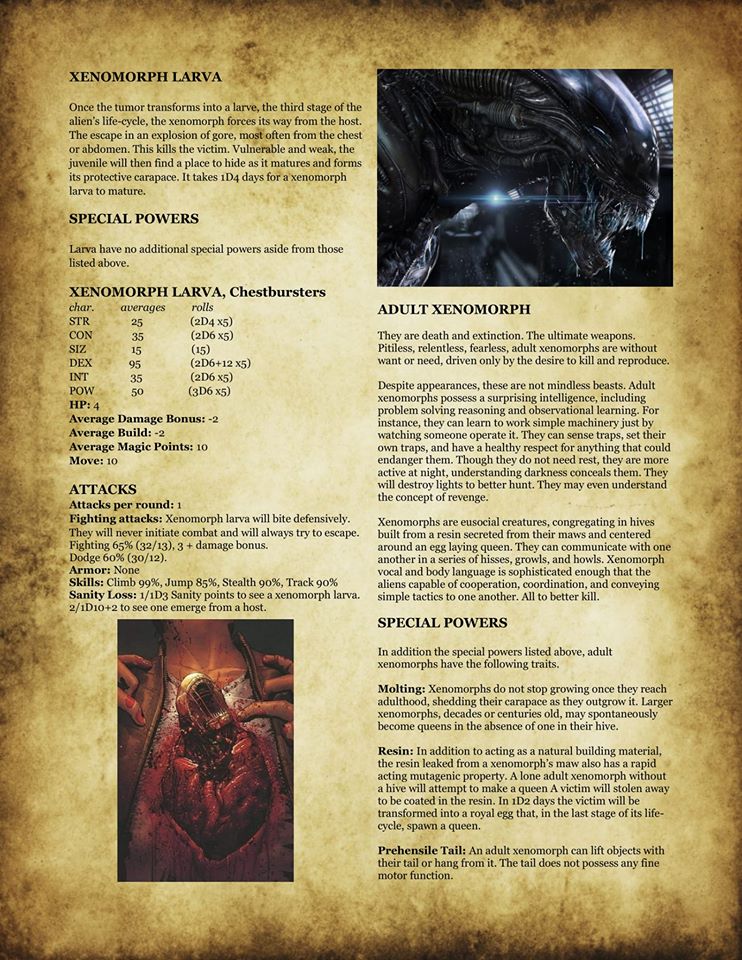 黒扇娘娘的信使 海外のクトゥルフ神話trpgファンが エイリアン で有名なゼノモーフを新クトゥルフ神話trpgで登場させる データを作成した ちゃんと卵 フェイスハガー 幼体 成体 クイーンとフルセット揃っており 完全生物の恐怖をたっぷり味わうことが