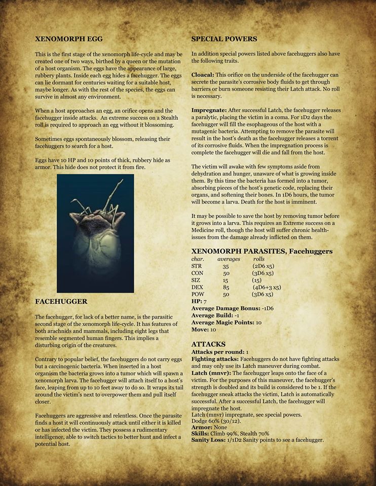 黒扇娘娘的信使 海外のクトゥルフ神話trpgファンが エイリアン で有名なゼノモーフを新クトゥルフ神話trpgで登場させる データを作成した ちゃんと卵 フェイスハガー 幼体 成体 クイーンとフルセット揃っており 完全生物の恐怖をたっぷり味わうことが