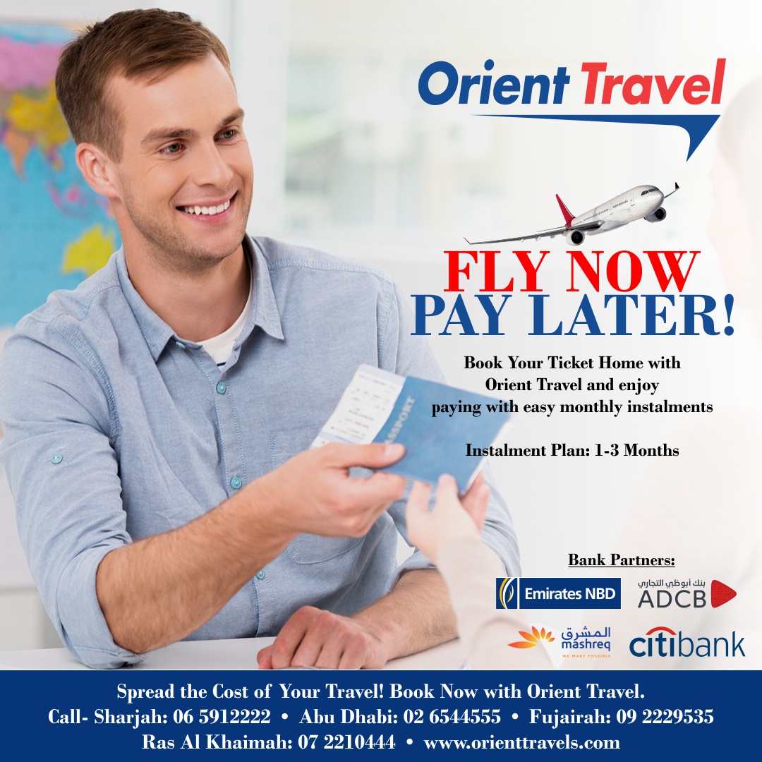 OrientUae's tweet photo. You no longer have to worry about paying for your ticket home in one large sum. Book your flight with #orienttravel and spread the payment over a period of months. Call Abu Dhabi: 02 6544555 Sharjah- 06 5912222 Fujairah -092229535 Ras Al Khaimah-072210444 #repatriation #EMIplan https://t.co/oUaL80NWWg