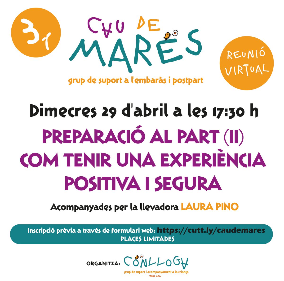 [ 3r CAU DE MARES 🤰🤱 ]

Dimecres 29 d'abril a les 17:30h
continuarem parlant amb la llevadora Laura Pino de la preparació al part i les eines que tenim al nostre abast per tenir una experiència positiva i segura.
Inscripcions: cutt.ly/caudemares

PLACES LIMITADES

💜