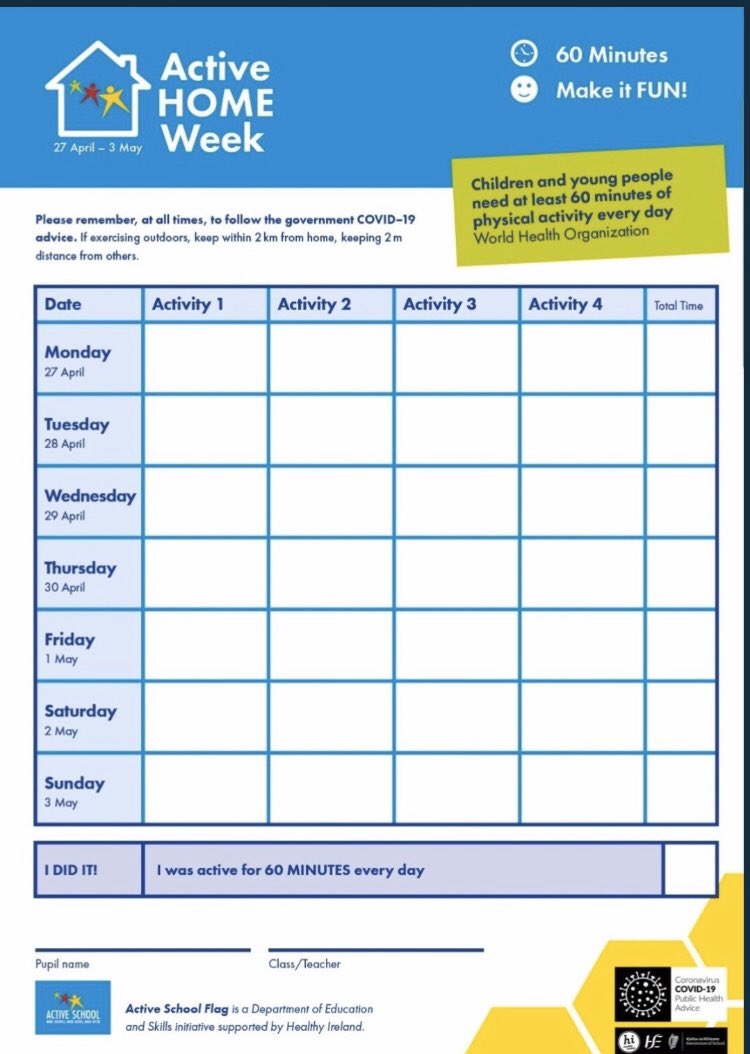 “Active Home Week" begins today! 

Young people need at least 60 minutes physical activity every day to help maintain a healthy lifestyle.

Use the chart below to track your activity levels for this week