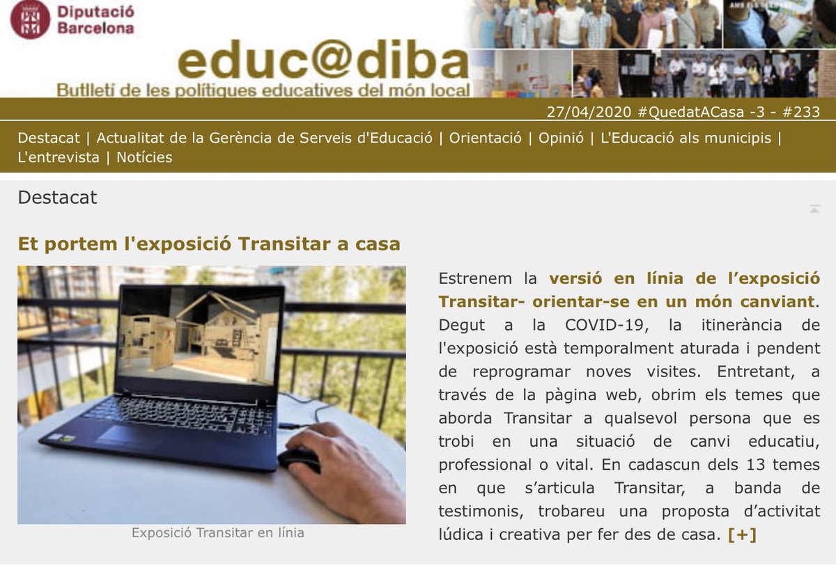 Aquí teniu el 3r #educadiba en temps de #QuedatACasa amb 
▶️ L’expo #TransitarDiba virtual
▶️ Suport a l’#Orientació a les e-fires locals d’#Educació
▶️ #ExperiènciesEducativesLocals
▶️ i notícies dels #EcosistemesEducatiusLocals 
👉🏽diba.cat/es/web/educaci… <a href="/diba/">Diputació de Barcelona</a>