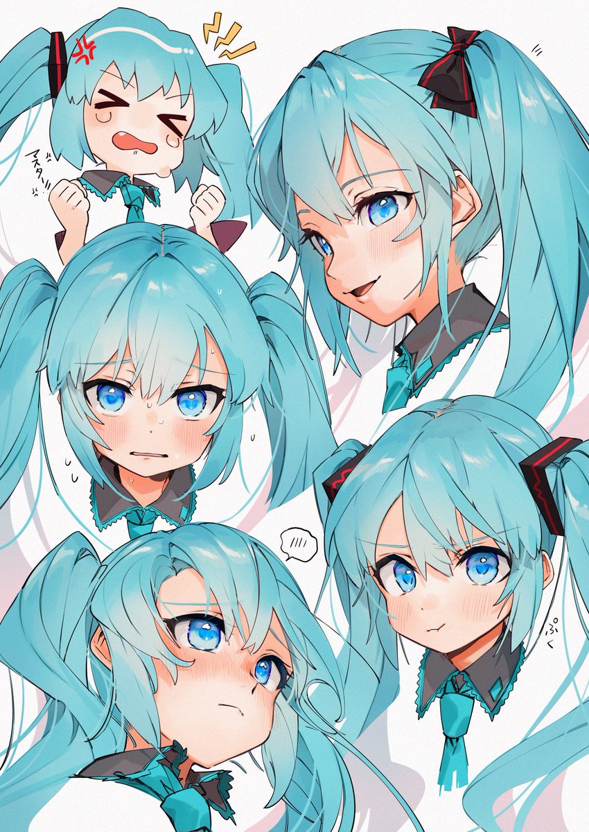 hatsune miku 1girl twintails anger vein blush blue eyes multiple views long hair  illustration images