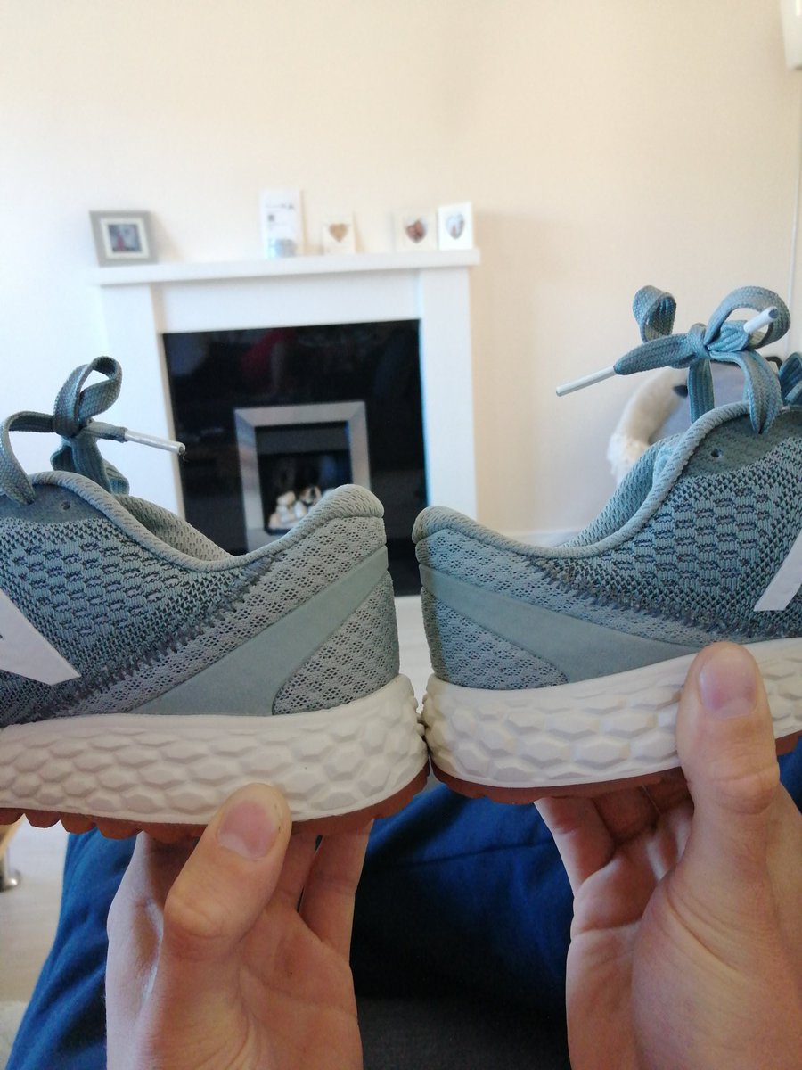 Rachelnoble3's tweet photo. @NewBalanceUK @SportsDirectUK Hi, my boyfriend ordered these trainers for me for my birthday, meant to be £80 and they are very poorly made. They are the same size but don't match. You can see in the 2nd picture there is about an inch difference in the height. Very disappointed. https://t.co/1P2olJwtAc