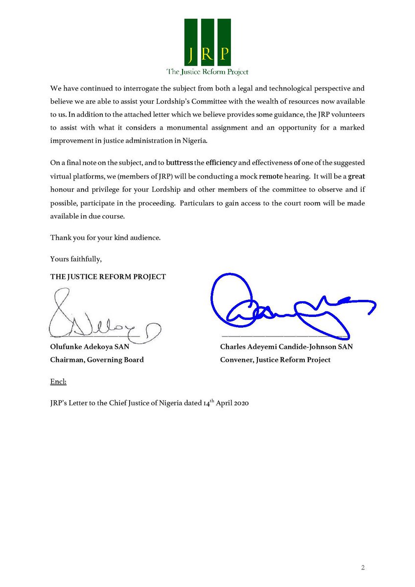 JRP_NG's tweet photo. At the 91st Meeting held virtually on 23rd and 24th April 2020, the National Judicial Council constituted a 10-man Committee to ensure the continued operation of Courts despite the COVID-19 pandemic. The JRP has issued a letter to the Committee volunteering its support 

[1/3] https://t.co/TUbIWAJZ6n
