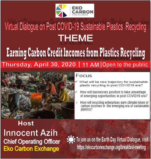 EkoCarbon's tweet photo. Join us on Thursday for first-ever  Eko Carbon Exchange virtual hall meeting on Earning Carbon Credit Incomes from Plastics Recycling.

 April 30, 2020 at 11:00 AM
 
Register now: 
https://t.co/hESJGeoPnH

#ClimateAction #CarbonNeutrality #ClimateCredit #CarbonOffset #EarthDay https://t.co/gmYbFxkA2E