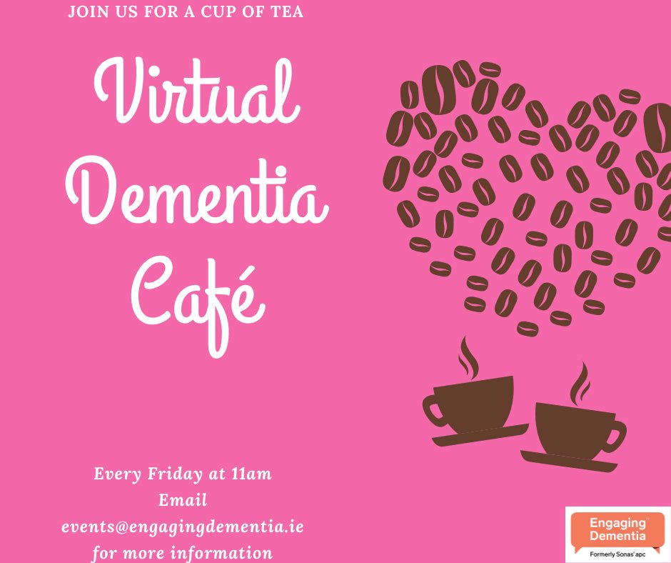 EngagingDemIrl's tweet photo. You're invited to join us for a cup of tea this Friday at the Virtual #DementiaCafé! Our guest speaker is Aine Conway. Aine is a physiotherapist and will speak about 'Staying Active in your Home'.  Email events@engagingdementia.ie if you would like to join
#StayAtHome #Dementia https://t.co/n0uW8fIGOv