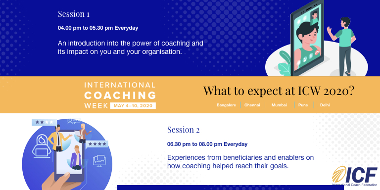 IcfMumbai's tweet photo. The corporate climate is changing, and the way we interact within organisations has taken a drastic turn. Join our sessions everyday for 5 days, to learn more about coaching and its positive impact. Register now https://t.co/8Te8ZetGt4

#ICF #ICW2020 #ICFMumbai https://t.co/TTFFAlkBX5