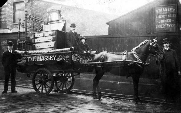 SmileTameside1's tweet photo. #Archive30 our #ArchiveHack is an image of a working horse from the image archive. This image is of T. & F. Massey in Hyde. Cabinet Makers, House Furnishers, Joiners, Upholsterers and Undertakers c. 1900. https://t.co/1fZ0c0WcEf