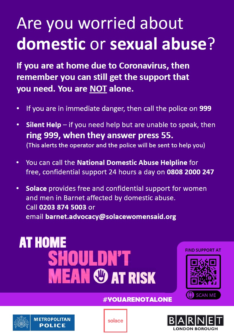 BarnetCouncil's tweet image. Are you worried about domestic or sexual abuse?

If you are at home due to Coronavirus, then remember you can still get the support that you need. You are NOT alone.

Full details of the help available in the poster below.

#YouAreNotAlone