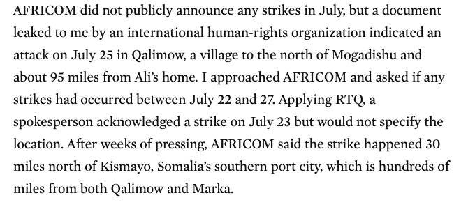 I know this because I uncovered strikes that they did not report but admitted to upon email. Here's the example:  https://www.thenation.com/article/archive/somalia-secret-air-campaign/