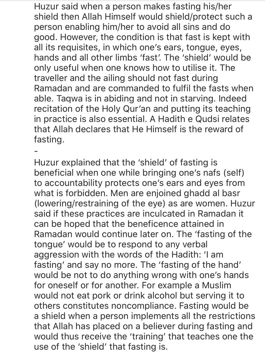 The Prophet Muhammad (sa) stated: الصِّيَامُ جُنَّةٌ Fasting is a shield.Beautiful explanation by Hadhrat Mirza Masroor Ahmad (aba) on the true meaning of this hadith  #Islam  #Ahmadiyyat