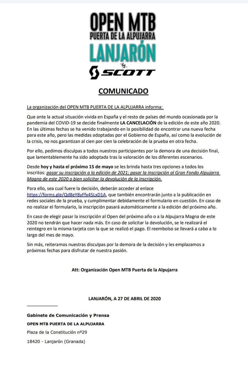 OpenLanjaron's tweet photo. #Comunicado 

⚠��Cancelación Open MTB Puerta de la Alpujarra 2020.Información sobre inscripciones.

➡️ Formulario disponible en: https://t.co/MB2mVujKFT https://t.co/WciiJ6R45v