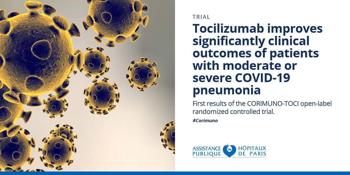 APHP's tweet photo. #Covid19 | #Tocilizumab improves significantly clinical outcomes of patients with moderate or severe COVID-19 pneumonia. First results of the #CORIMUNO-TOCI open-label randomized controlled trial https://t.co/L403gJ7rfF https://t.co/TLiL8PAmCU
